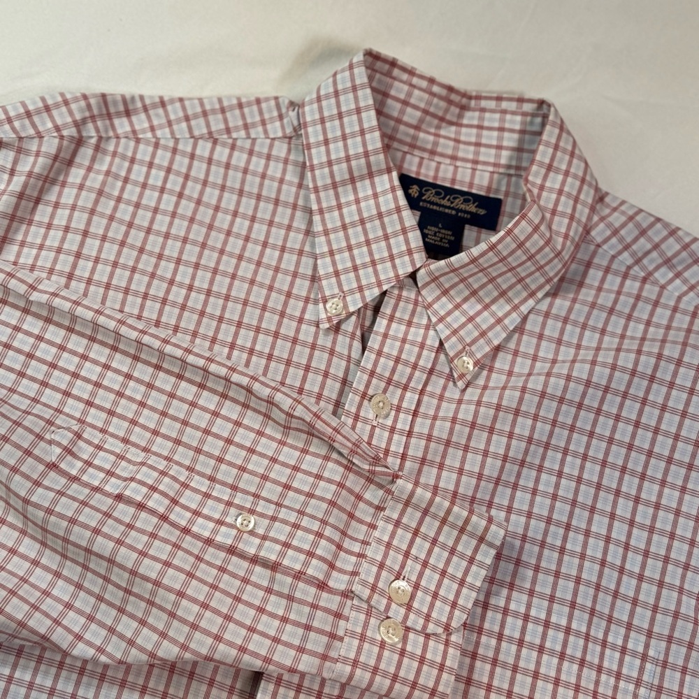 VTG Brooks Brothers Button Down L Red White Plaid Oxford Non Iron‎ 1818 Preppy
